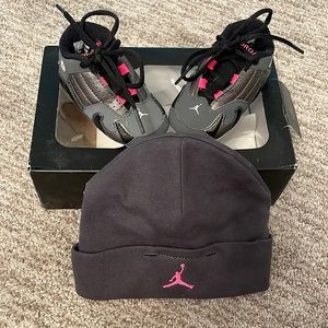 Baby Jordan’s with matching hat. Pink, black, and grey